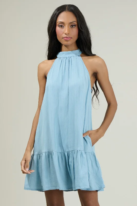 Embroidered Formal Mini Dresses-Laly Chambray Mini Ruffle Dress