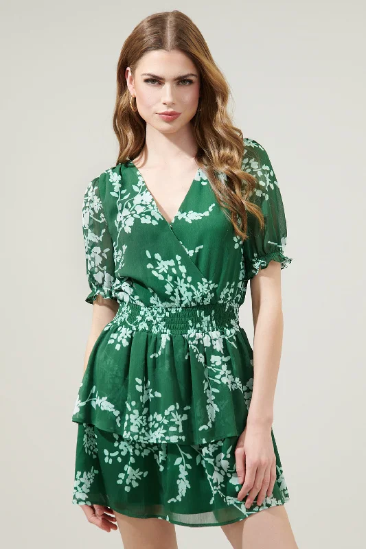 Halter Boho Mini Dresses-Monterey Floral Amina Surplice Ruffle Mini Dress