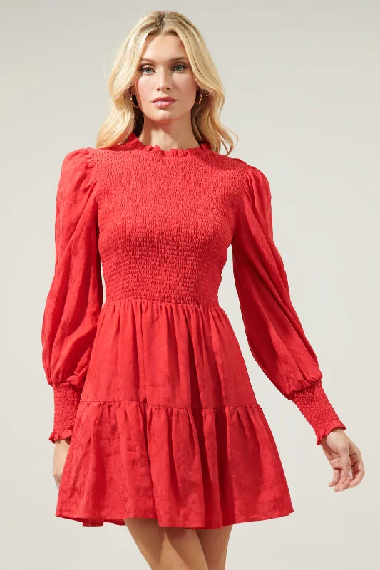 Women Red Mini Dresses-Elizabeth Long Sleeve Smocked Mini Dress