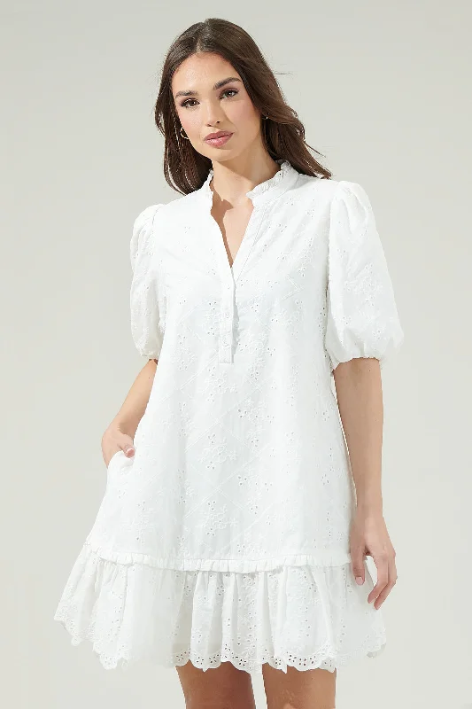 Casual Cotton Mini Dresses-Sky Eyelet Sasha Split Neck Shift Mini Dress