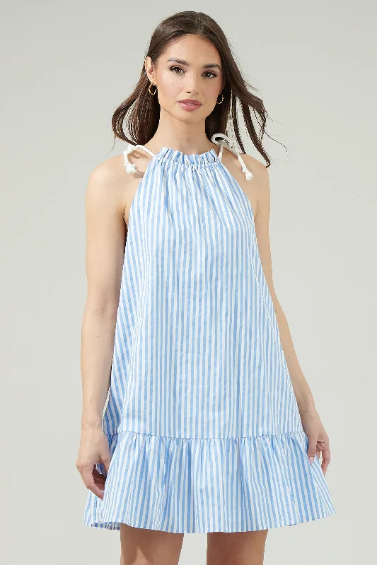 Blue Boho Mini Dresses-Striped Rumba Halter Mini Dress