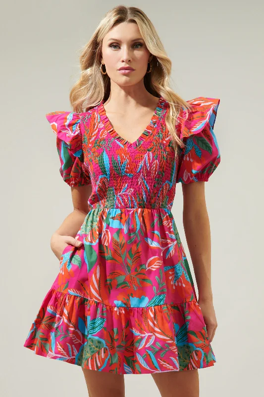 Cotton Beach Mini Dresses-Cactus Blossom Leones Smocked Mini Dress