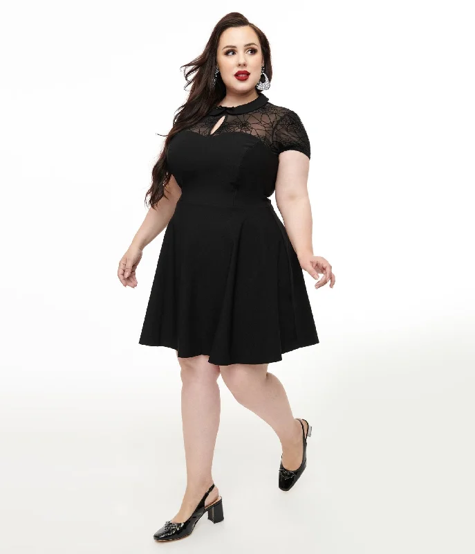 Sequin Work Mini Dresses-Hell Bunny Plus Size 1950s Black Spiderweb Viola Mini Dress