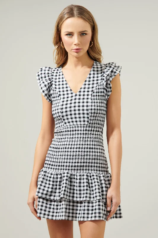 Striped White Mini Dresses-Darcy Gingham Smocked Everleigh Mini Dress