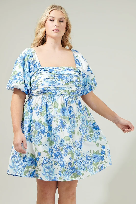 Silk Formal Mini Dresses-Truth Be Told Blue Floral Pleated Mini Dress Curve