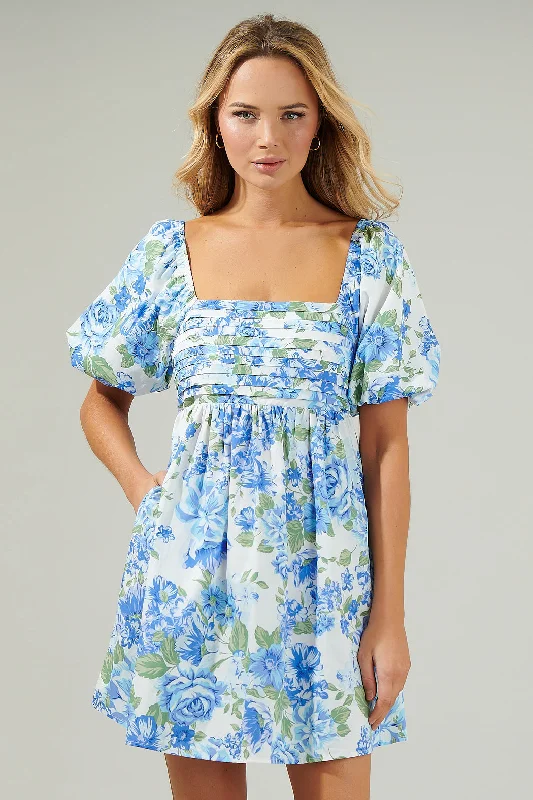 Velvet Beach Mini Dresses-Truth Be Told Blue Floral Pleated Mini Dress