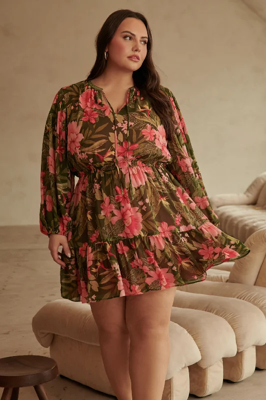 Work Mini Dresses-Lilikoi Floral Paxton Balloon Sleeve Mini Dress Curve