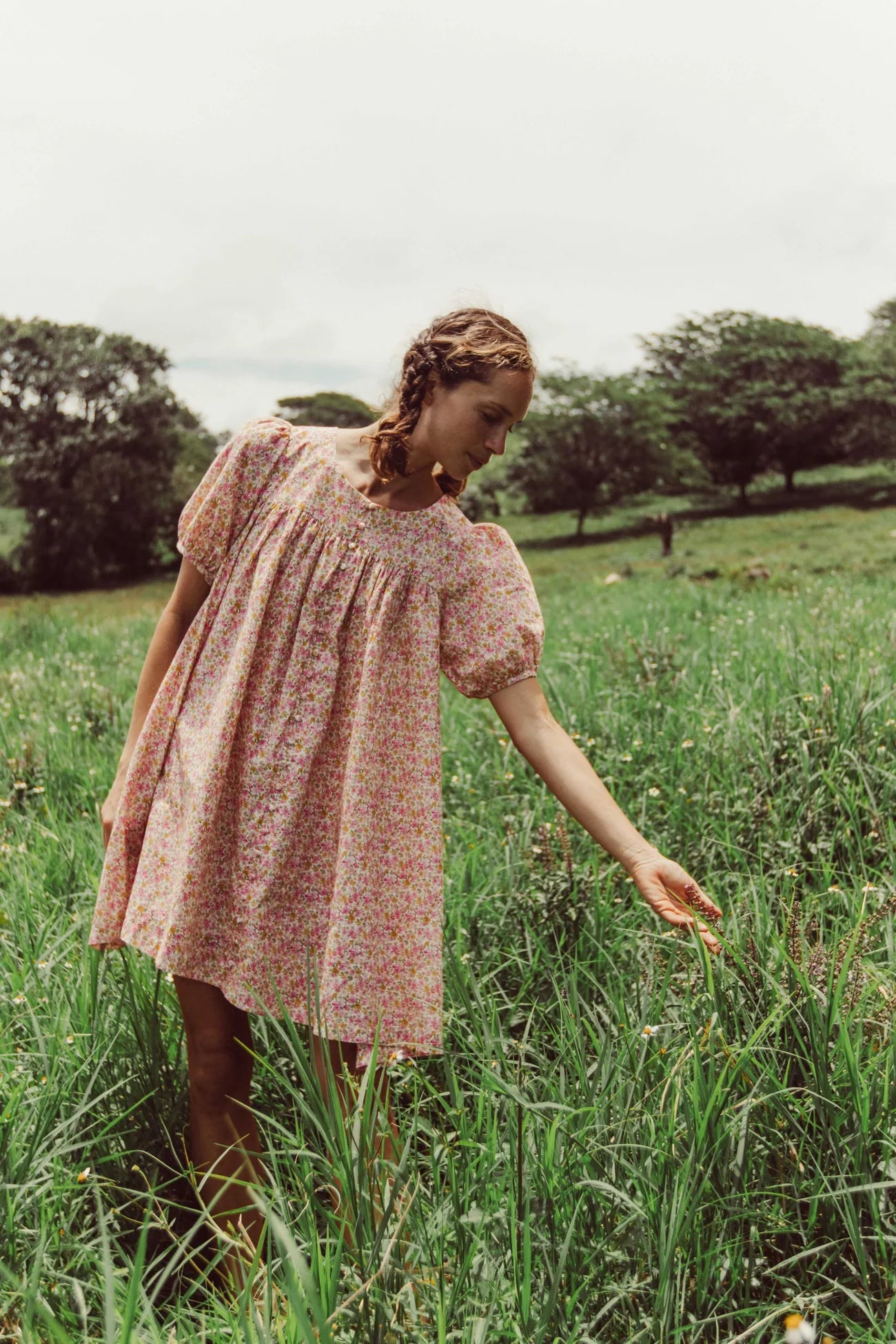 Long Sleeve Work Mini Dresses-Mini Puff - Pink Lemon Ditsy