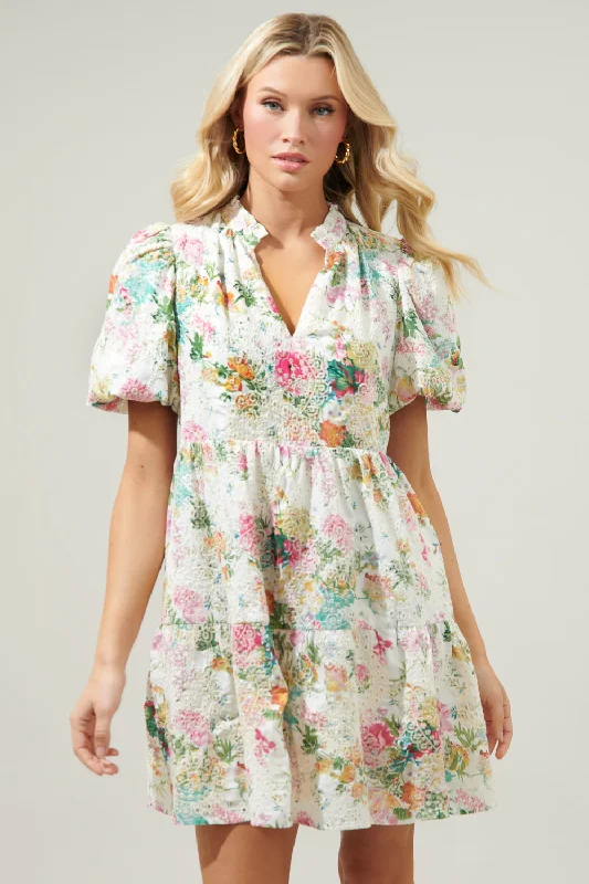 Designer Work Mini Dresses-Sommerset Floral Jacey Babydoll Eyelet Mini Dress