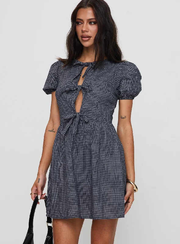 Women Boho Mini Dresses-Nurture Bow Mini Dress Navy Check