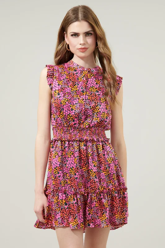 Teens Work Mini Dresses-Hitachi Flamingo Floral Merrick Sleeveless Button Front Mini Dress