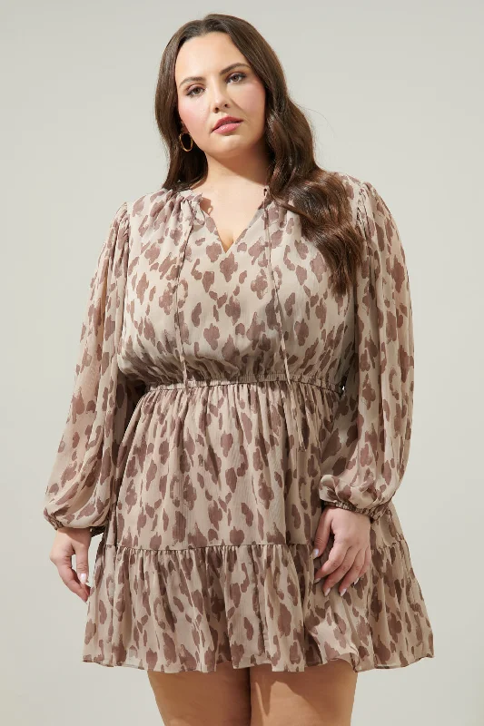 Cheap Club Mini Dresses-Sandalwood Leopard Paxton Balloon Sleeve Mini Dress Curve