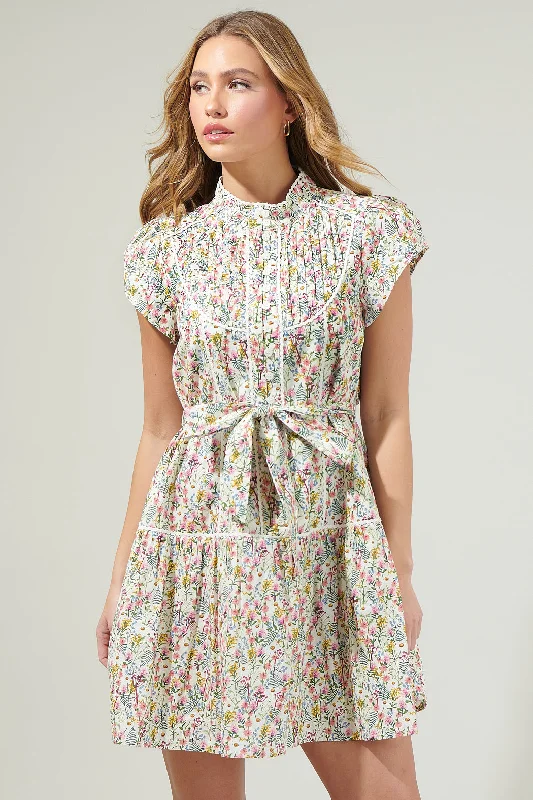 Chiffon Work Mini Dresses-Arvine Floral Pleated Mini Dress