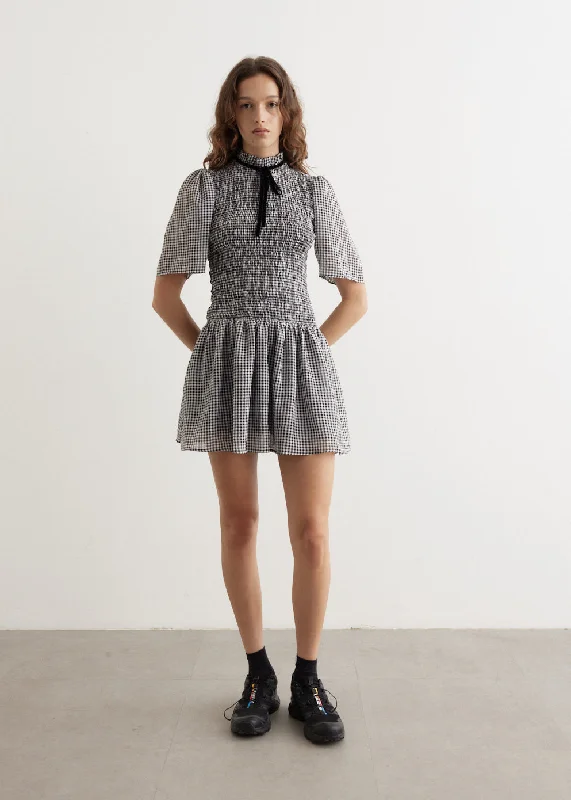 Polka Dot Formal Mini Dresses-Sheer Fluid Check Mini Smock Dress