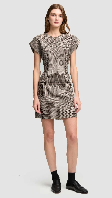 Satin V Neck Mini Dresses-Mini Tailored Dress in Wool Blend | Plaid Houndstooth