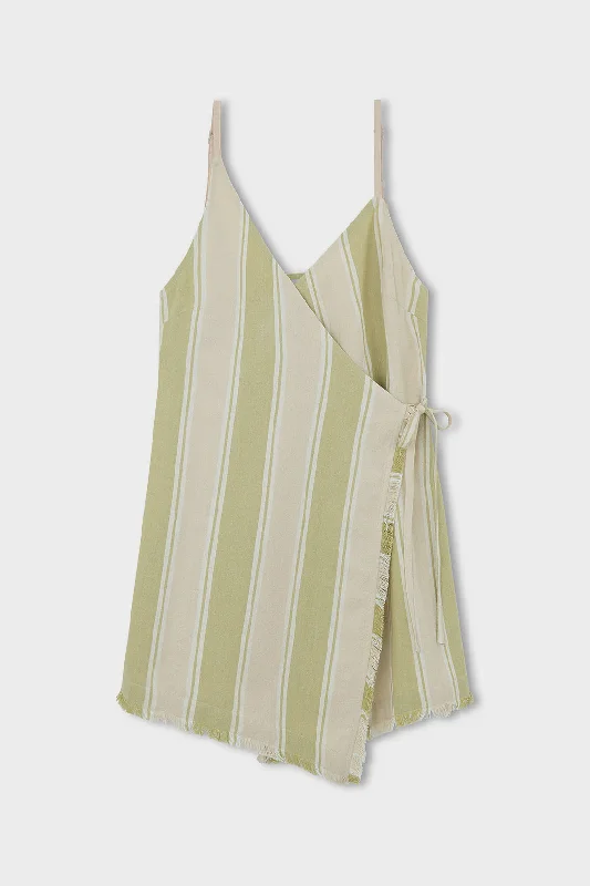 Elegant Vintage Mini Dresses-Olive Stripe Organic Cotton Wrap Mini Dress