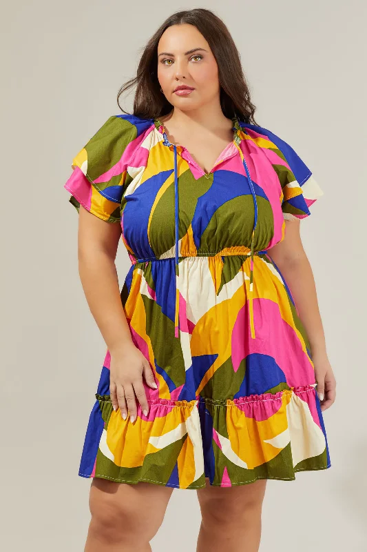 High Neck Club Mini Dresses-Rio Abstract Riley Poplin Short Sleeve Mini Dress Curve