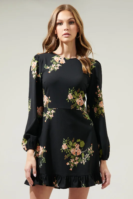 Leather Backless Mini Dresses-Jasleen Floral Long Sleeve Ruffle Mini Dress