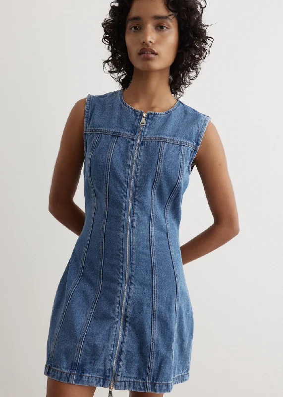 Denim Casual Mini Dresses-Denim Panel Sleeveless Mini Dress