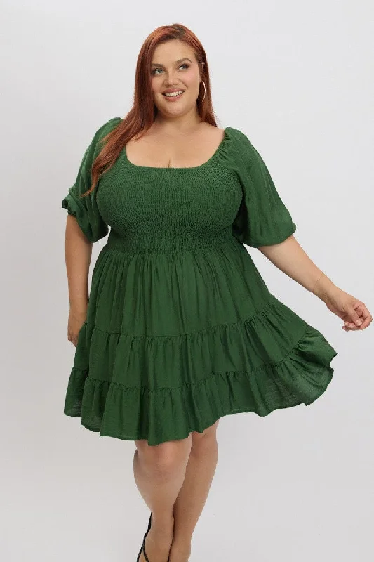 Strapless Beach Mini Dresses-Green Shirred Bodice Puff Sleeve Tiered Mini Dress