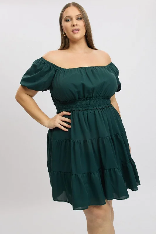 Sleeveless Formal Mini Dresses-Green Shirred Waistband Tiered Minidress