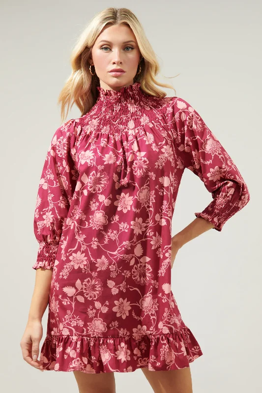 Mesh Casual Mini Dresses-Mulberry Floral Bossie Smocked Yoke Mini Dress