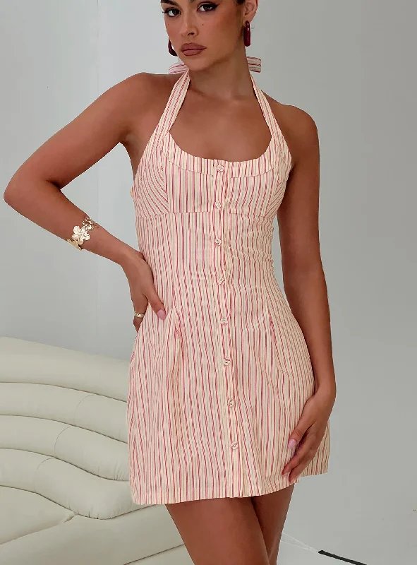 Casual Summer Mini Dresses-Mallorie Halter Mini Dress Pink Stripe