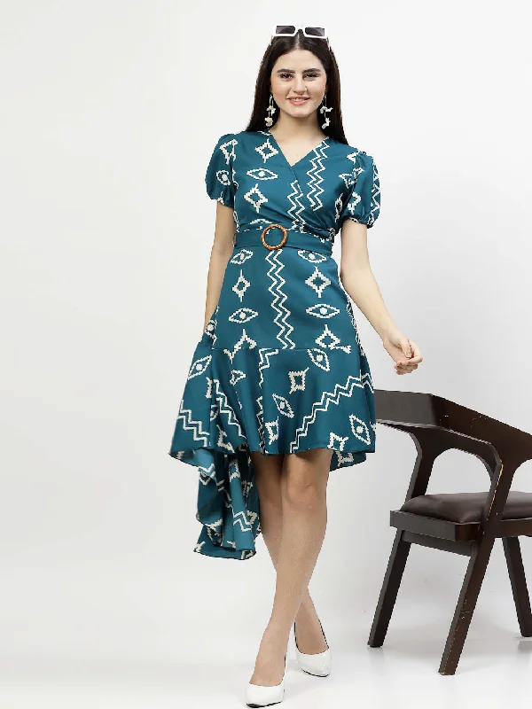 Ruffle Casual Mini Dresses-Printed V Neck Mini Dress with Belt