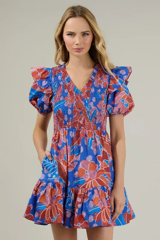 Chiffon One Shoulder Mini Dresses-Amazonia Blue Leones Smocked Mini Dress