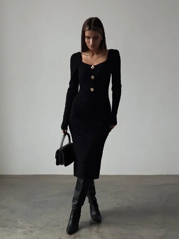 Knit Winter Midi Dresses-Elegant Black Ribbed Knit Midi Dress