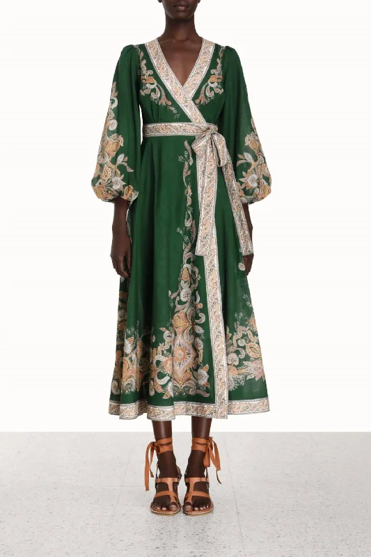 Winter Denim Midi Dresses-Devi Wrap Midi Dress In Emerald Paisley