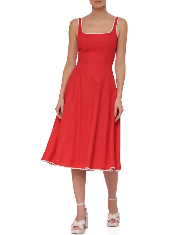 Strapless Work Midi Dresses-Avec Les Filles Tipped Panel Linen-Blend Midi Dress