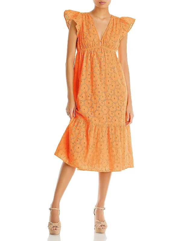 Polka Dot Work Midi Dresses-Tina Womens Cotton Flutter Sleeve Midi Dress