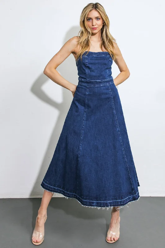 Beach Midi Dresses-HERE GOES NOTHING DENIM MIDI DRESS