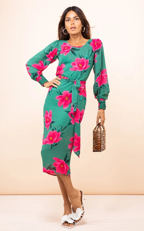 Cotton Club Midi Dresses-Sabina Midi Dress in Pink on Green Tulip