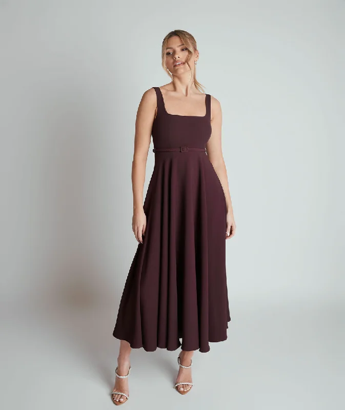 Casual Red Midi Dresses-Square Neck Belted Midi Dress - Burgundy