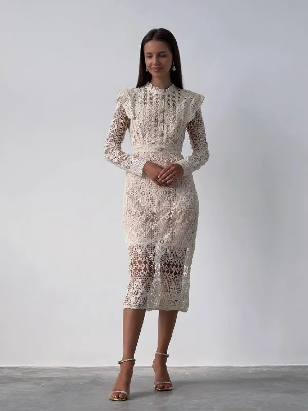 Blue Club Midi Dresses-Lace Detail Cream Midi Dress