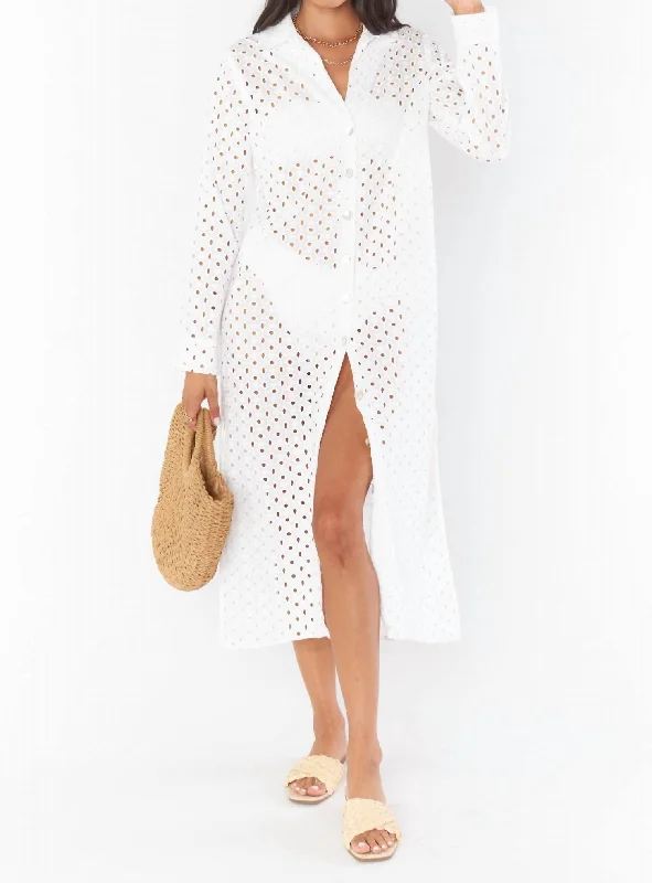 Animal Print Club Midi Dresses-Dayton Button Down Midi Dress In White Eyelet