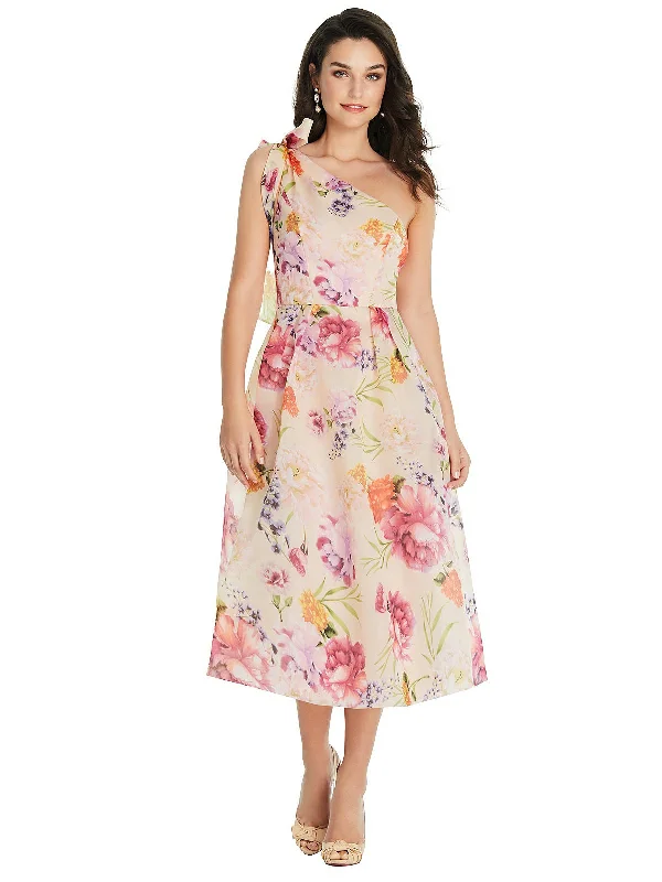 Knit Club Midi Dresses-Scarf-Tie One-Shoulder Pink Floral Organdy Midi Dress