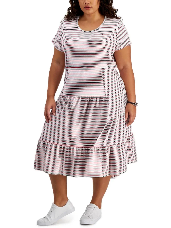 Vintage Satin Midi Dresses-Plus Womens Striped Tiered Midi Dress