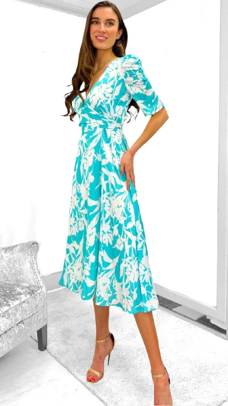 Denim Blue Midi Dresses-4-9596 Aqua Wrap Look Midi Dress