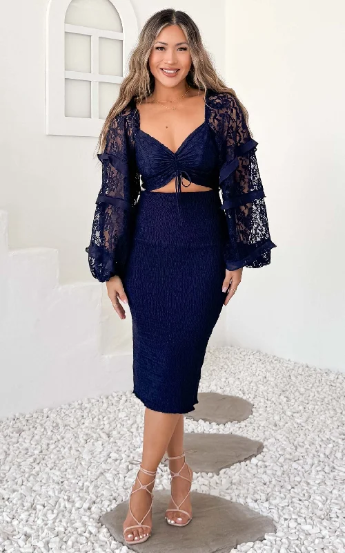 Mesh Casual Midi Dresses-Leona Lace Sleeve Midi Dress - Navy