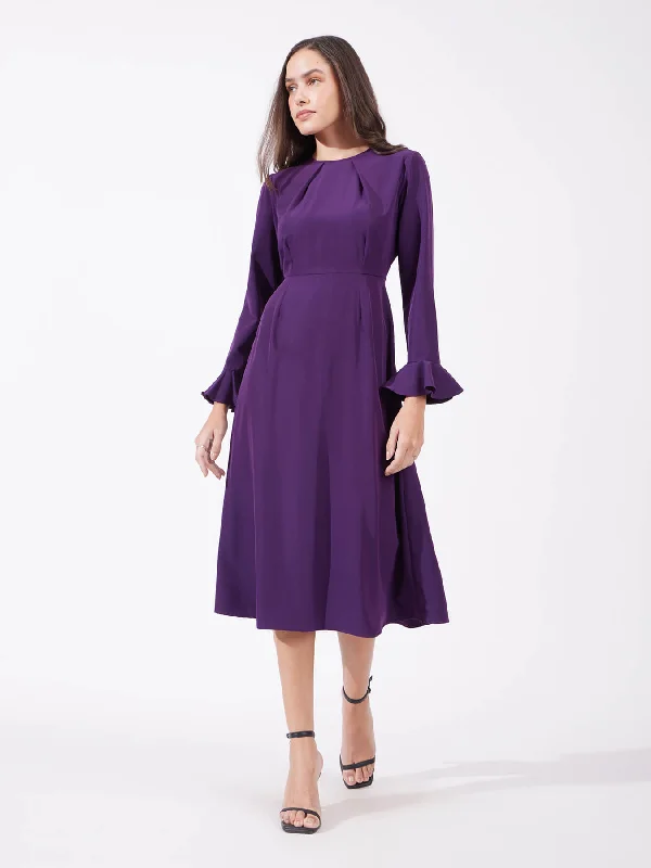 Maternity Midi Dresses-Fit And Flare Midi Dress - Purple