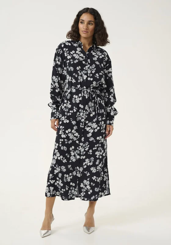 Tie Dye Boho Midi Dresses-Kaffe Alice Floral Midi Shirt Dress, Navy