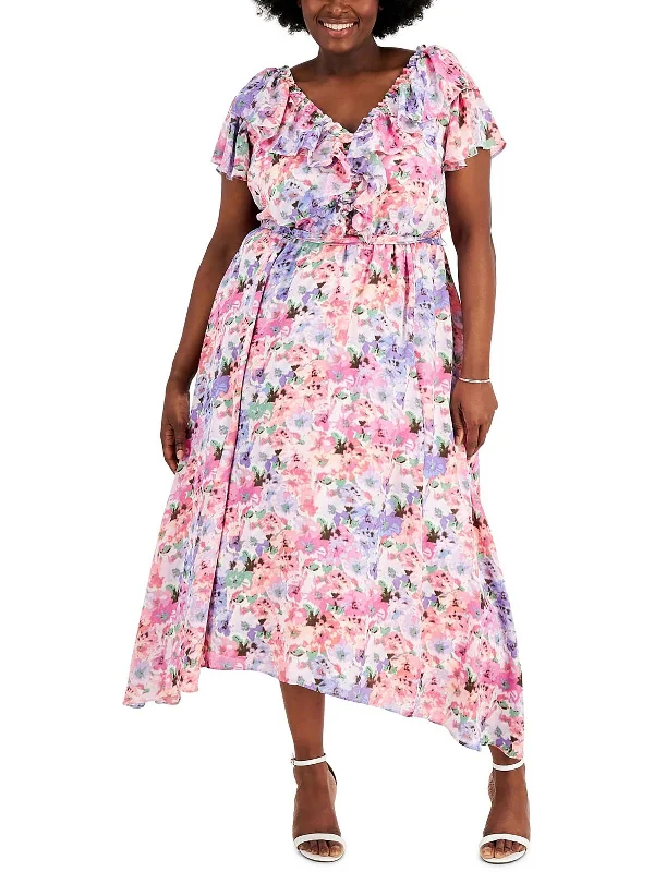 Tie Dye Midi Dresses-Plus Womens Floral Print Tea Length Midi Dress