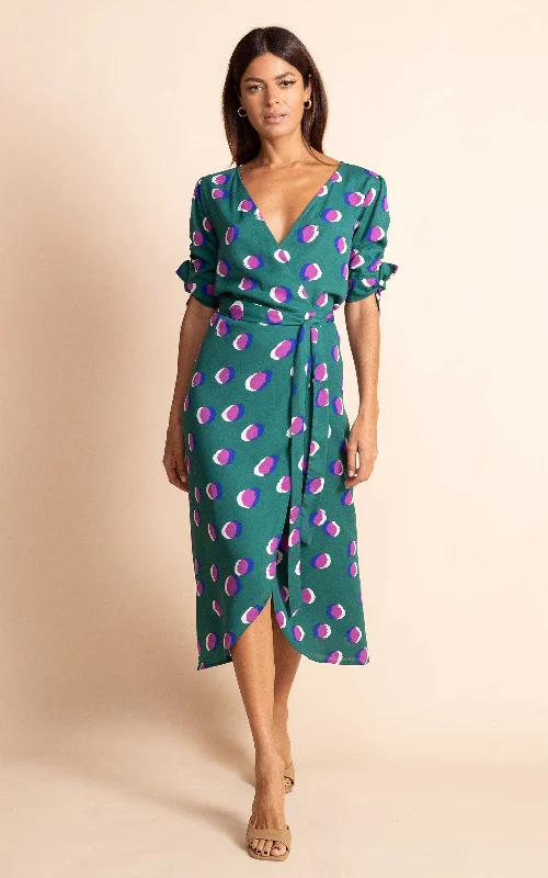 Red Work Midi Dresses-Olivera Midi Dress in Polka Dot Purple on Green