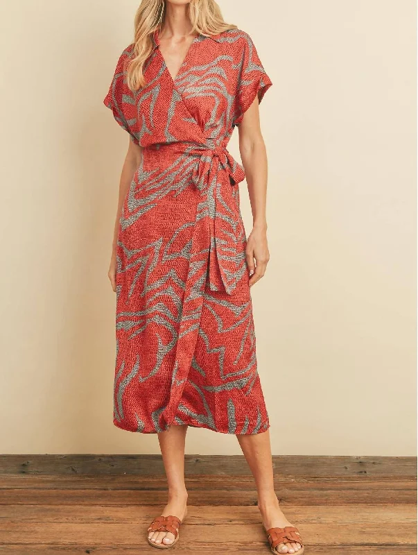 Petite Boho Midi Dresses-High Voltage Collared Midi Wrap Dress In Red/jade