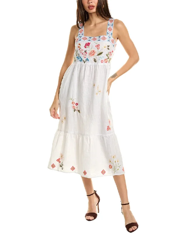 Boho Pink Midi Dresses-Johnny Was Catalina Square Neck Tank Linen Midi Dress