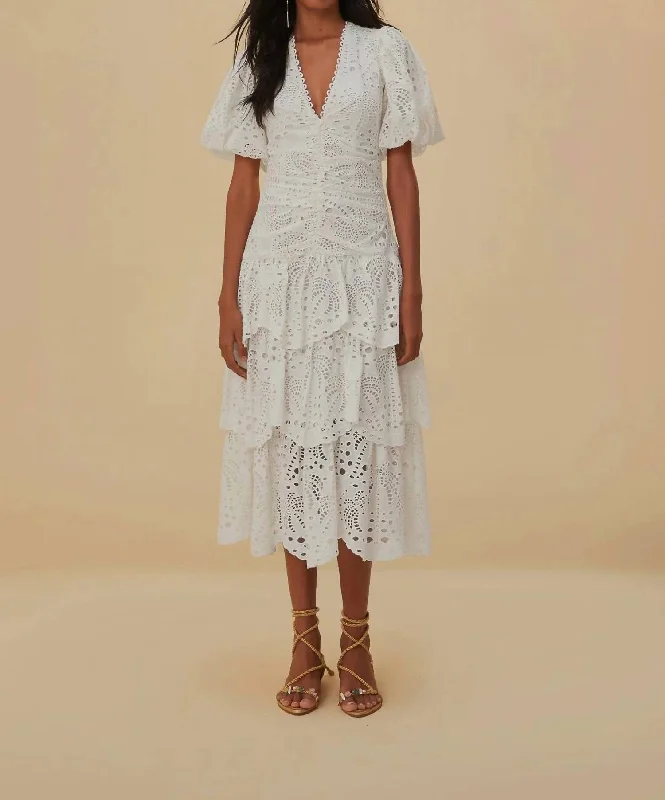 High Neck Work Midi Dresses-Cotton Eyelet Puff Sleeve Midi Dress In White