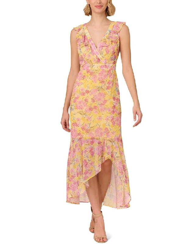 Yellow Boho Midi Dresses-Adrianna Papell V-Neck Printed Chiffon Midi Dress